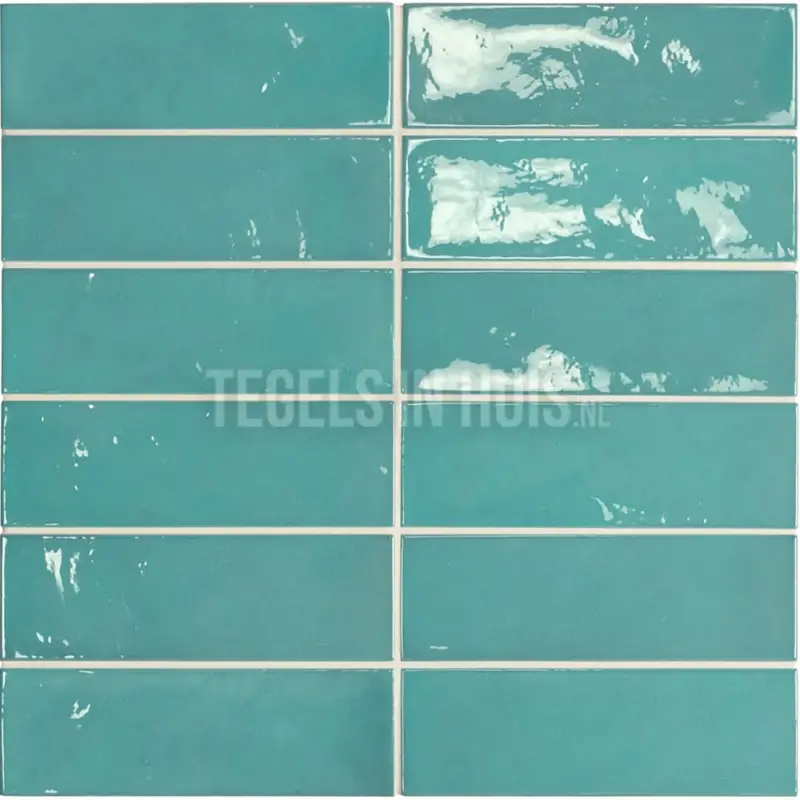 Gecertificeerd Handvorm wandtegel 6,5×20 blauw groen teal soft glans