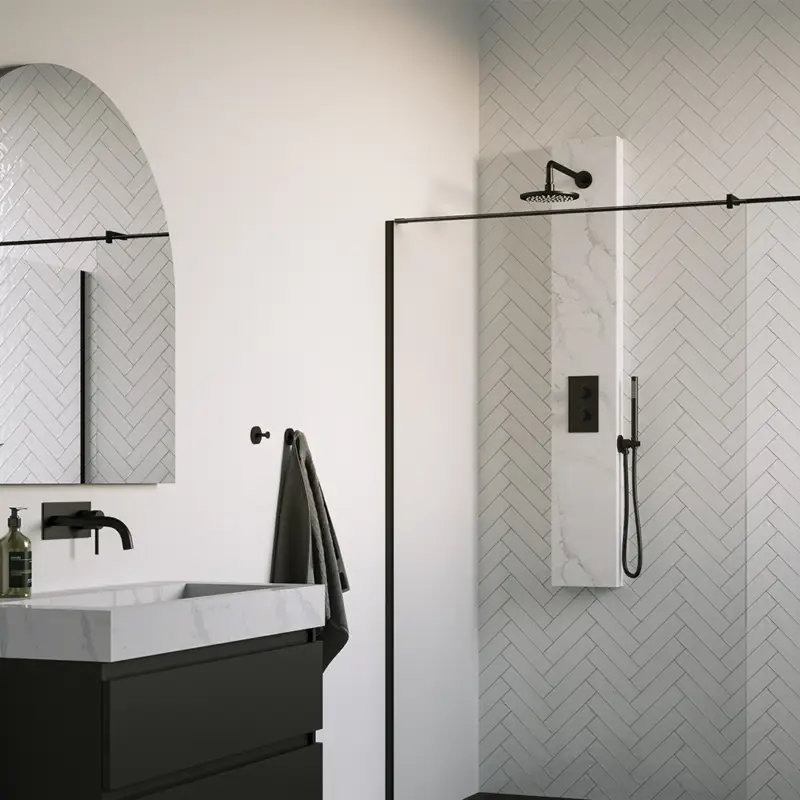 Black Edition thermostatisch douchepaneel calacatta gold SET 01, met 20 cm douchekop en handdouche, mat zwart Superprijs
