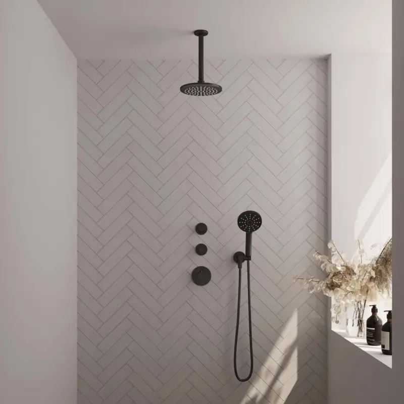 Snelle Levering Black Edition thermostatische regendouche set 11 met 20 cm douchekop, plafondarm, 3-standen handdouche, slang en wandaansluitbocht