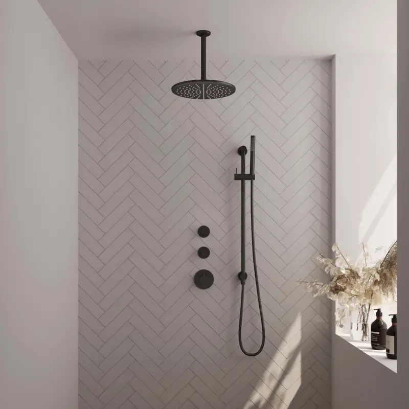 Mat zwarte thermostatische inbouw regendouche set 18 met 30 cm douchekop, plafondarm, staaf handdouche, doucheslang en geïntegreerde glijstang Hete Deal