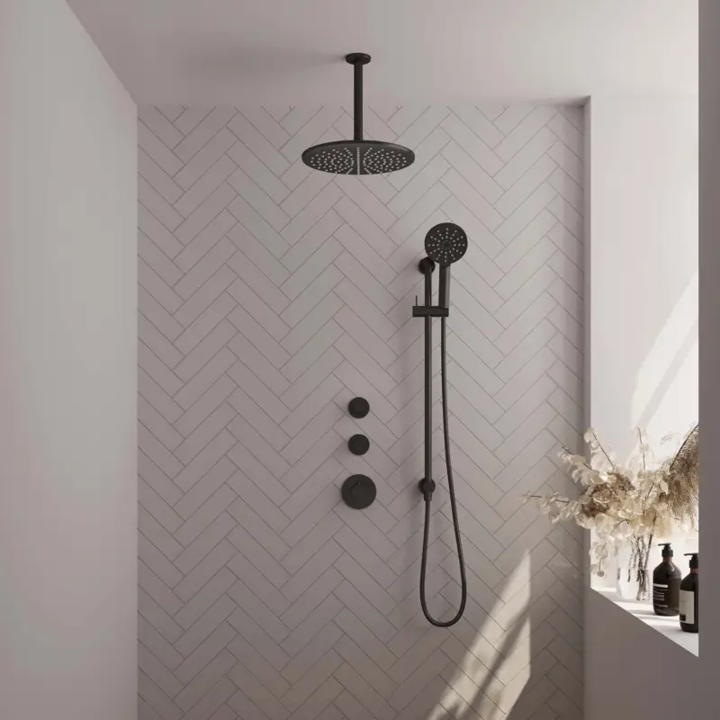 Black Edition thermostatische inbouw regendouche SET 24 - 30 cm douchekop, plafondarm, 3-standen handdouche, doucheslang, en geïntegreerde glijstang (mat zwart) Hoge Kwaliteit