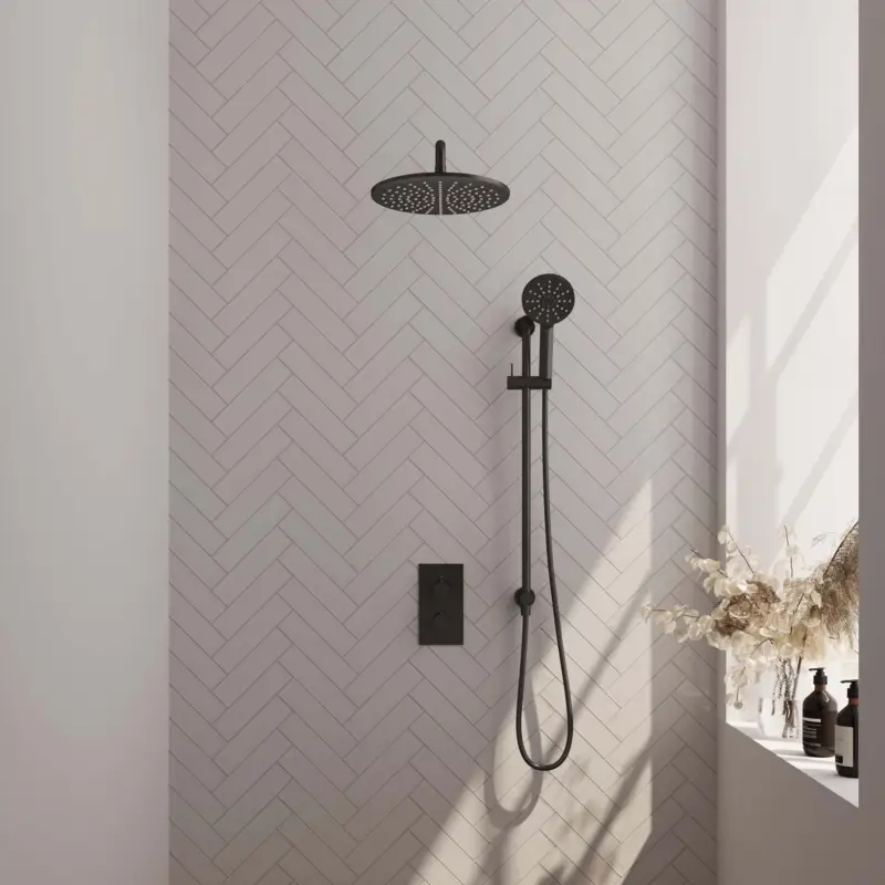Black Edition thermostatische inbouw regendouche set met 3-weg omstelling, 30 cm douchekop, gebogen muurarm, 3-standen handdouche en geïntegreerde glijstang - mat zwart Veilige Betaling
