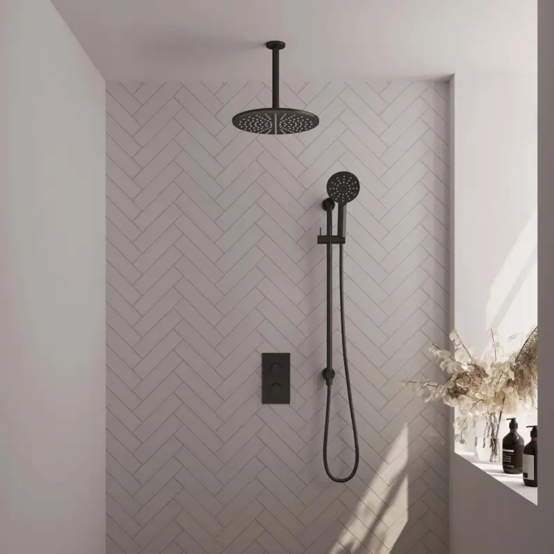 Uitverkoop Thermostatische inbouw regendouche Black Edition set met omstelling, 30 cm douchekop, 3-standen handdouche, mat zwart