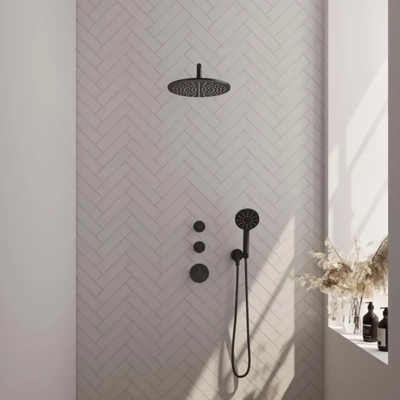 Thermostatische inbouw regendouche set met zwarte afwerking - 30 cm douchekop en gebogen muurarm, 3-standen handdouche en doucheslang Favoriet