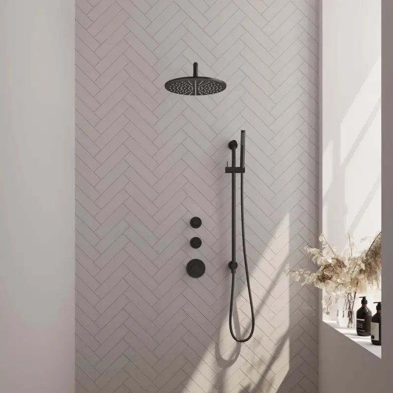 Zwarte thermostatische inbouw regendouche set 16 met 30 cm douchekop en gebogen muurarm + handdouche, slang en geïntegreerde glijstang Finale Uitverkoop