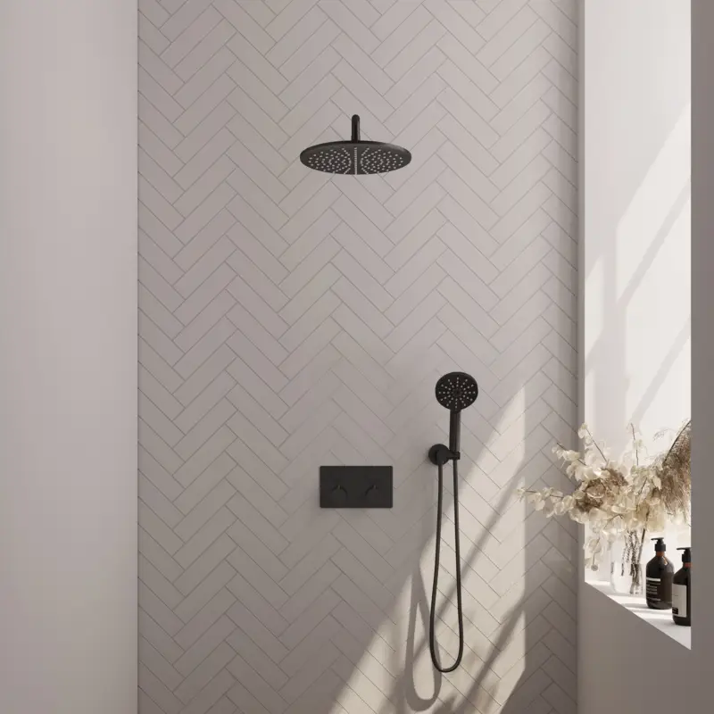 Koop Vandaag Black Edition thermostatische inbouw regendouche SET 58 - 30 cm douchekop - gebogen muurarm - 3-standen handdouche - doucheslang - wandaansluitbocht mat zwart