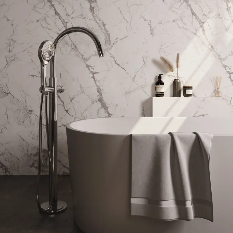 Bestel Nu Chrome Edition vrijstaande badmengkraan SET 02 met 3-standen handdouche en doucheslang, chromen afwerking