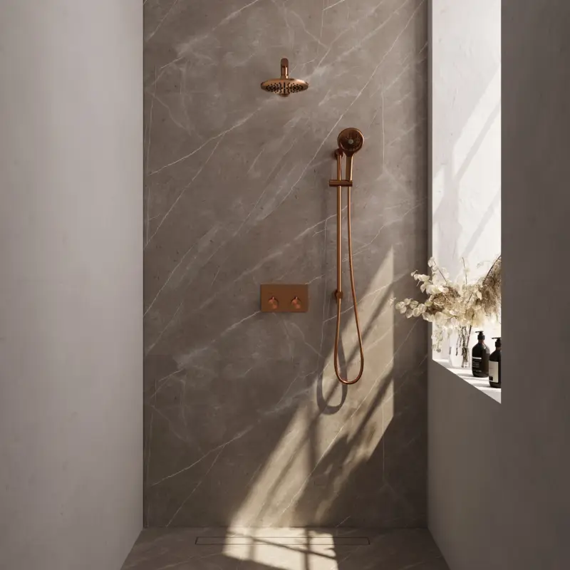 BRAUER Copper Carving thermostatische inbouw regendouche met drukknoppen SET 67 met 20 cm douchekop en rechte muurarm en 3-standen handdouche en doucheslang en geïntegreerde glijstang koper geborsteld PVD Laatste Kans