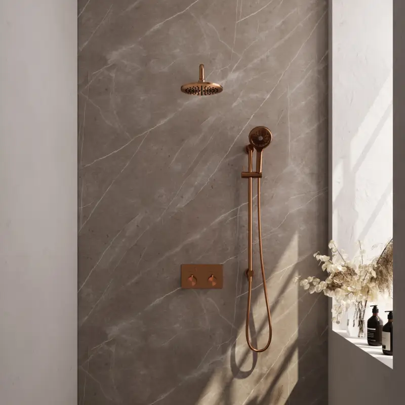 BRAUER Copper Carving thermostatische inbouw regendouche met drukknoppen SET 69 met 20 cm douchekop en gebogen muurarm en 3-standen handdouche en doucheslang en geïntegreerde glijstang koper geborsteld PVD Direct Beschikbaar