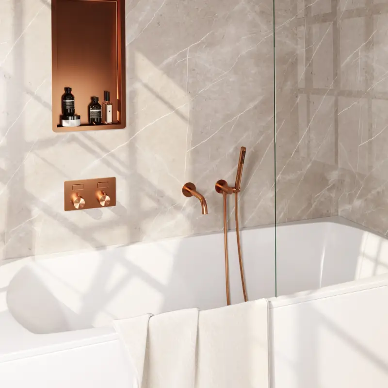 BRAUER Copper Carving thermostatische inbouw badkraan met drukknoppen SET 03 met uitloop en staaf handdouche en doucheslang en wandaansluitbocht koper geborsteld PVD Voordeelprijs