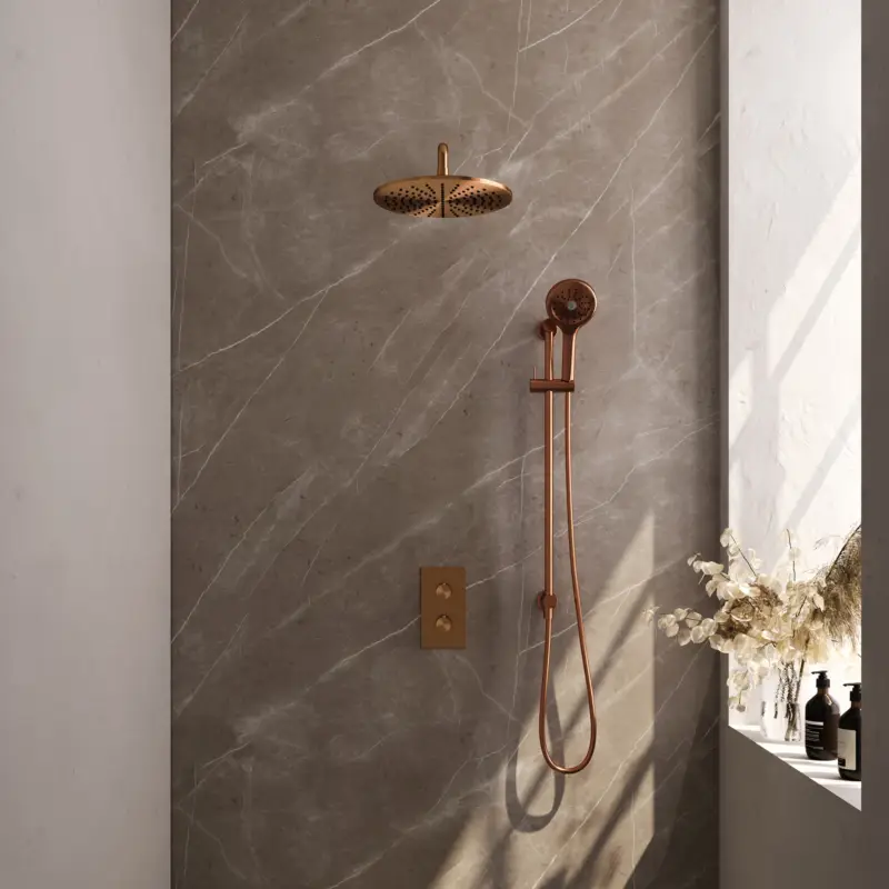 Copper Edition inbouw regendouche set 46 met 30 cm douchekop, gebogen muurarm, 3-standen handdouche en geïntegreerde glijstang Favoriet