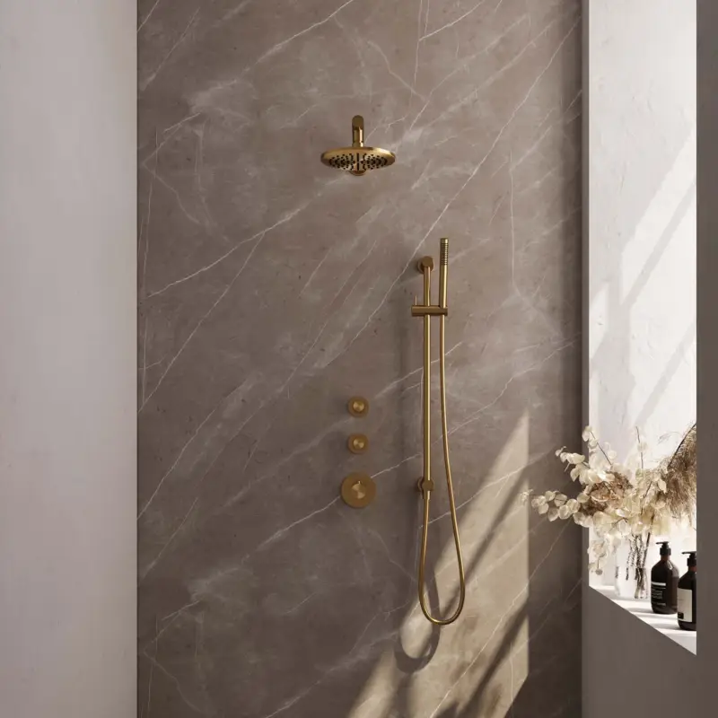 Direct Beschikbaar Gold Carving thermostatische regendouche SET 13: 20 cm douchekop, rechte muurarm, staaf handdouche, doucheslang, geïntegreerde glijstang - goud geborsteld PVD