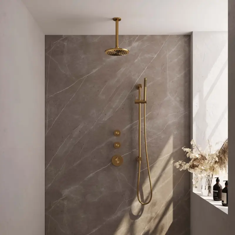 Speciale Aanbieding Gold Carving thermostatische inbouw regendouche SET 17, 20 cm douchekop, plafondarm, staaf handdouche, doucheslang, glijstang goud geborsteld PVD