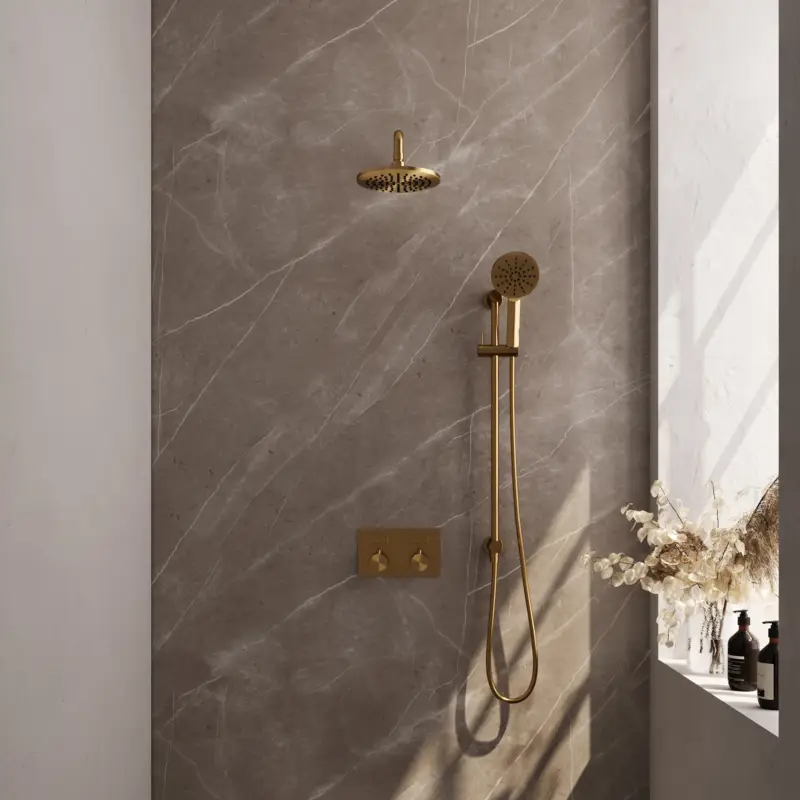Favoriet Gold Carving inbouw regendouche met drukknoppen set: 20 cm douchekop, gebogen muurarm, 3-standen handdouche, doucheslang en geïntegreerde glijstang (goud geborsteld PVD)