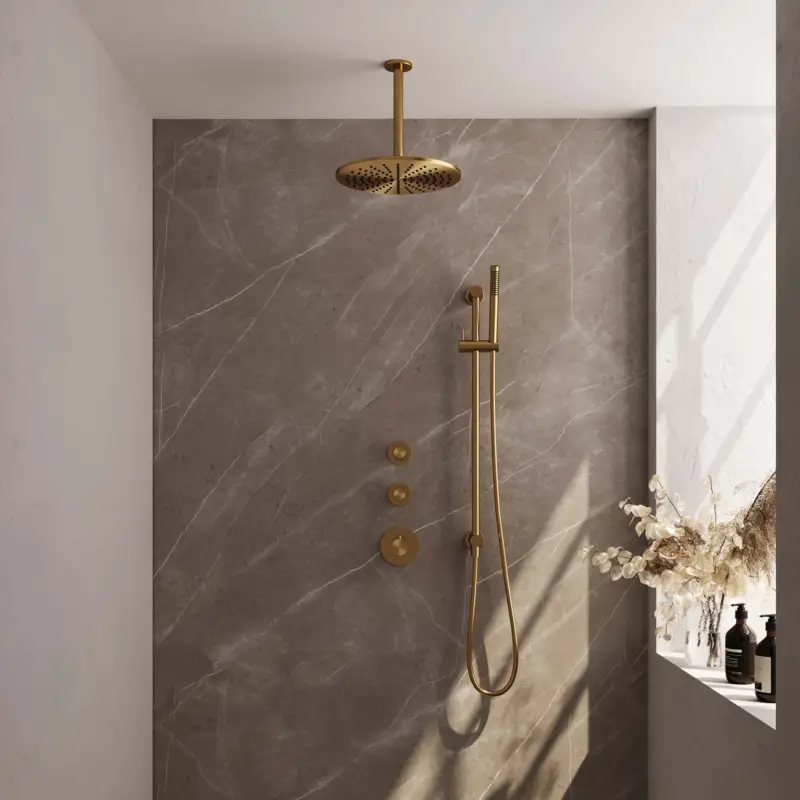 Gold Edition thermostatische inbouw regendouche SET 18, 30cm douchekop, plafondarm, staafhanddouche, doucheslang, glijstang - goud PVD Finale Uitverkoop