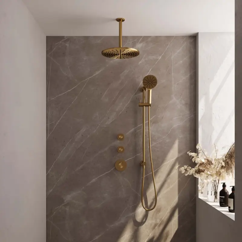Finale Uitverkoop Gold Edition Thermostatische Inbouw Regendouche Set 24 - 30cm Douchekop met Plafondarm - 3-Standen Handdouche - Doucheslang - Geïntegreerde Glijstang - Goud Geborsteld PVD