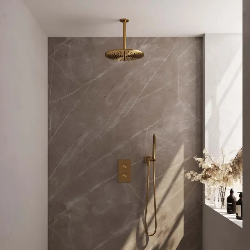 Flitsaanbieding Gold Edition thermostatische inbouw regendouche 3-weg omstelling SET 30cm met handdouche en doucheslang