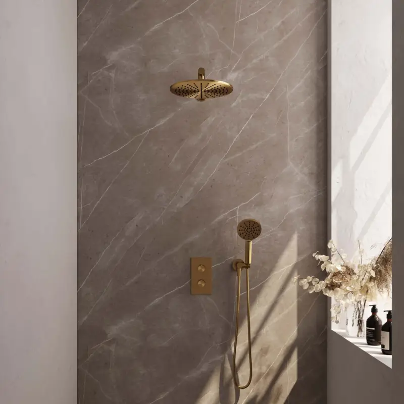 Direct Beschikbaar Goud geborstelde thermostatische inbouw regendouche set met 3-weg omstelling en 30 cm douchekop