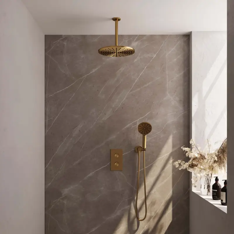 Gouden thermostatische regendouche set met 3-weg omstelling en handdouche Premium