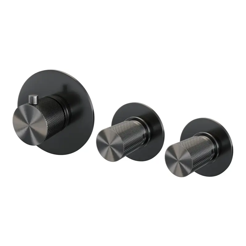 Merkproduct Gunmetal Carving inbouwthermostaat met stopkranen en afbouwdelen gunmetal PVD geborsteld