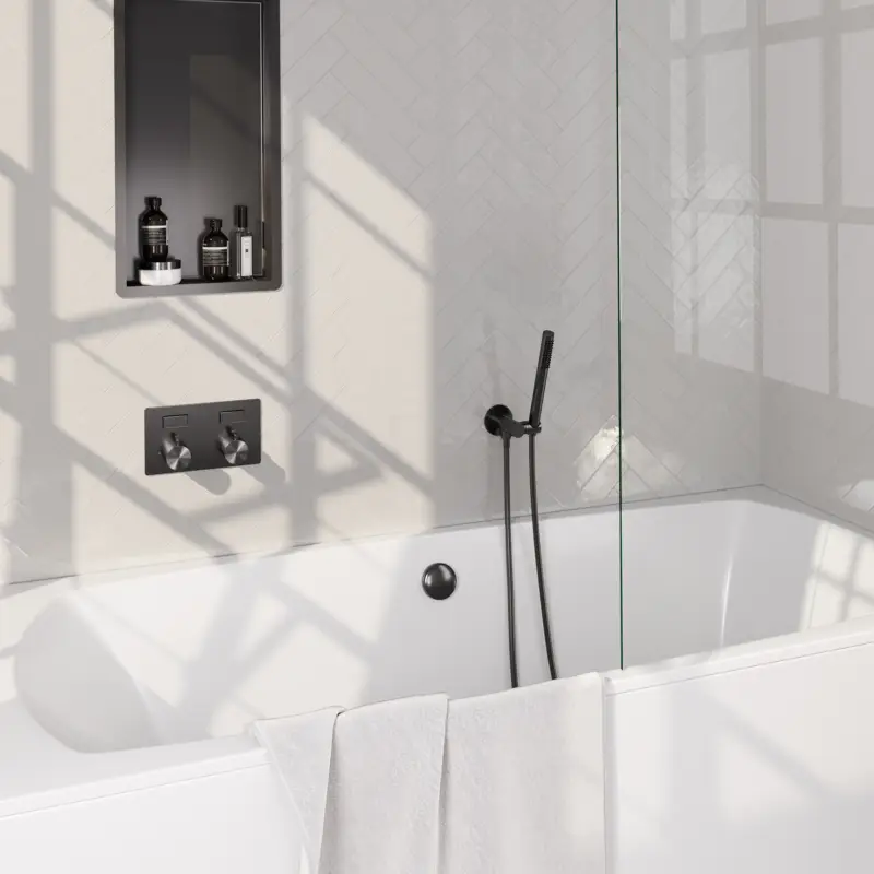 BRAUER Gunmetal Carving thermostatische inbouw badkraan met drukknoppen SET 03 met badvulcombinatie en staaf handdouche en doucheslang en wandaansluitbocht gunmetal geborsteld PVD Lage Kosten