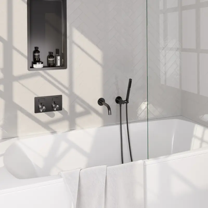 Flitsaanbieding BRAUER Gunmetal Carving thermostatische inbouw badkraan met drukknoppen SET 03 met uitloop en staaf handdouche en doucheslang en wandaansluitbocht gunmetal geborsteld PVD