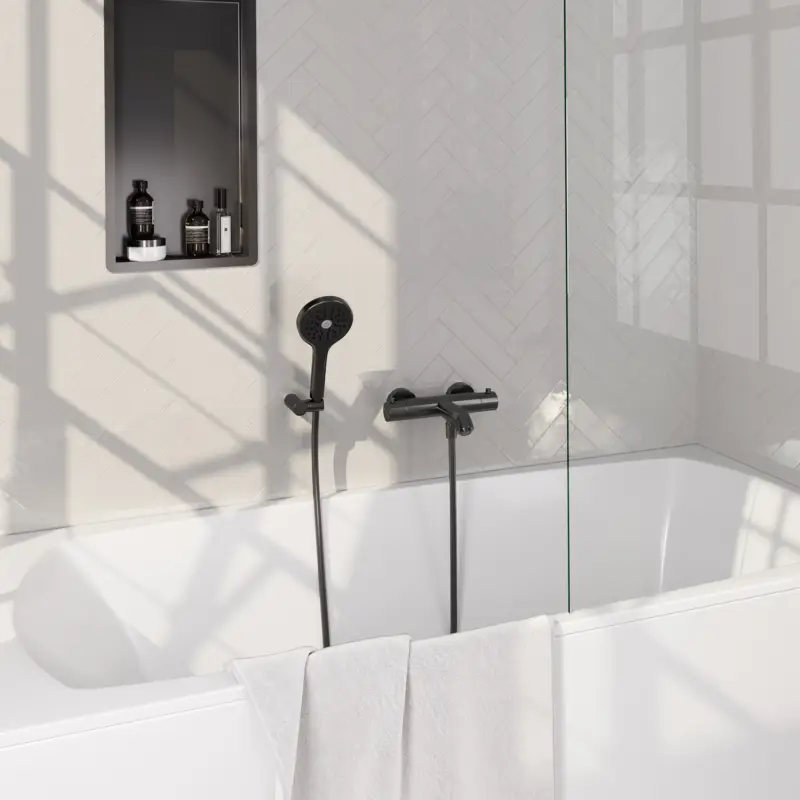 Gereduceerde Prijs BRAUER Gunmetal Edition opbouw baddouche thermostaatkraan SET 04 met wandhouder en 3-standen handdouche en doucheslang gunmetal geborsteld PVD