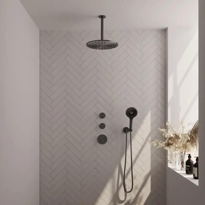 BRAUER Gunmetal Edition thermostatische inbouw regendouche SET 12 met 30 cm douchekop en plafondarm en 3-standen handdouche en doucheslang en wandaansluitbocht gunmetal geborsteld PVD Meest Verkocht