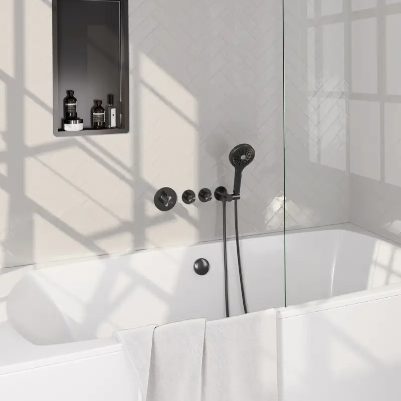 Populair BRAUER Gunmetal Edition thermostatische inbouw badkraan SET 02 met badvulcombinatie en 3-standen handdouche en doucheslang en wandaansluitbocht gunmetal geborsteld PVD