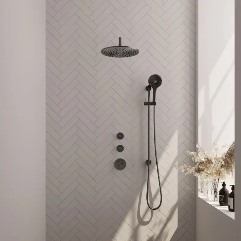 BRAUER Gunmetal Edition thermostatische inbouw regendouche SET 22 met 30 cm douchekop en gebogen muurarm en 3-standen handdouche en doucheslang en geïntegreerde glijstang gunmetal geborsteld PVD Exclusieve Aanbieding