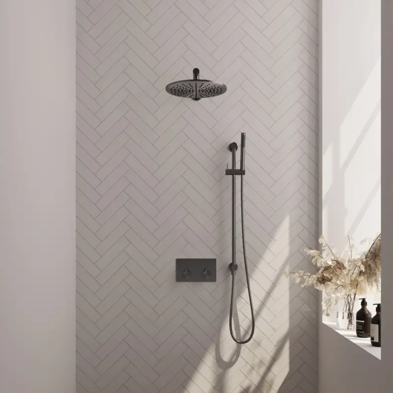 Beste Prijs Gunmetal Edition thermostatische inbouw regendouche SET 62 met drukknoppen en 30 cm douchekop