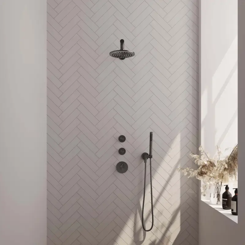 BRAUER Gunmetal Edition thermostatische inbouw regendouche SET 01 met 20 cm douchekop en rechte muurarm en staaf handdouche en doucheslang en wandaansluitbocht gunmetal geborsteld PVD Korting