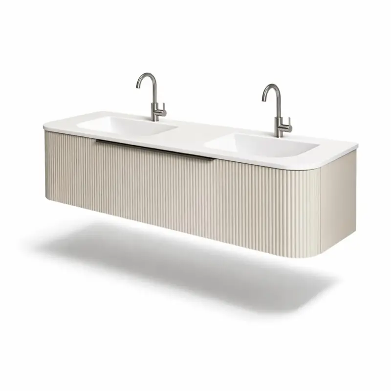 Rechtstreeks Van De Fabrikant DBC Badkamermeubel round mat creme cotton 140x45x35cm inclusief Polystone wastafelblad(dubbele wasbak)met 2 kraangaten