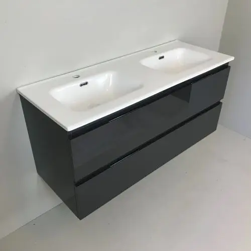 Dubbel badmeubel Kubic 120cm antraciet hoogglans met keramische wastafel Tijdelijk Beschikbaar