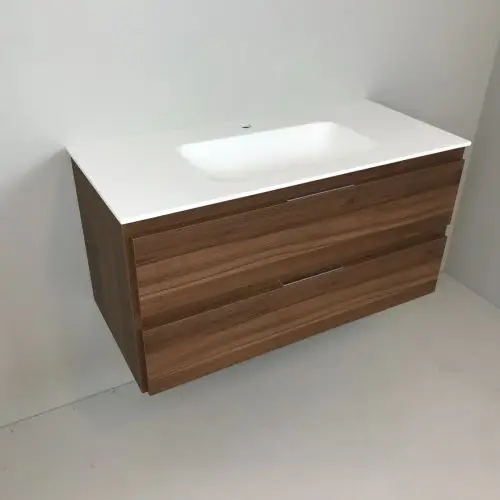 Badmeubel Nogal 100cm, noten 'look' met Solid Surface wastafel Snelle Levering