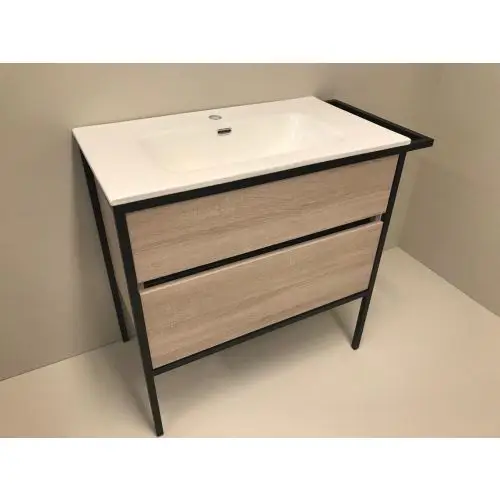 Badmeubelset 2-delig Eternal 90cm eiken - mat zwart, met keramische wastafel Meest Verkocht