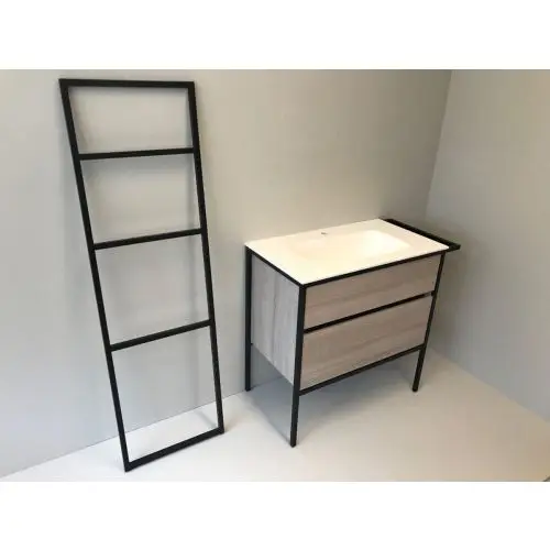 Uitverkoop Badmeubelset 3-delig Eternal 90cm eiken - mat zwart met solid surface wastafel en handdoekrek