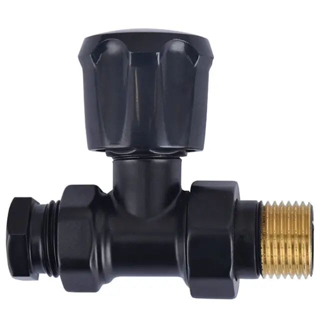 Op = Op radiator-ventiel+adaptor 15mm 1/2 recht vernikkeld mat-zwart