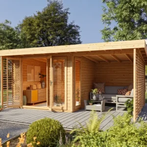 Bestel Nu Tuinkantoor Arvo 28 mm naturel met 250 cm aanbouw