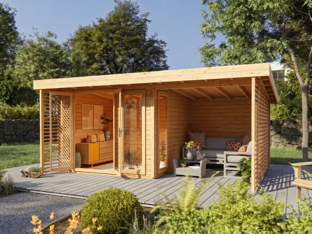 Bestel Nu Tuinkantoor Arvo 28 mm naturel met 250 cm aanbouw