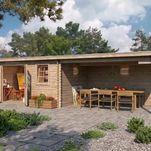 Beperkt Aanbod Tuinhuis blokhut Aida 800 28 mm onbehandeld met 3,8 m aanbouw