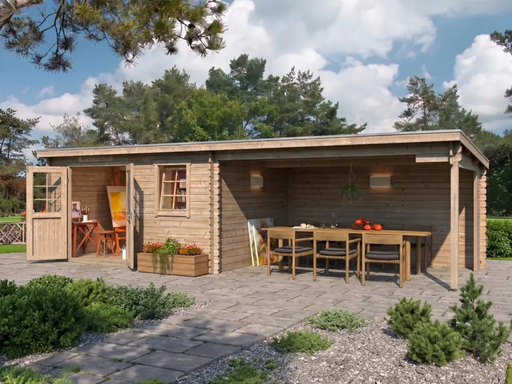 Beperkt Aanbod Tuinhuis blokhut Aida 800 28 mm onbehandeld met 3,8 m aanbouw