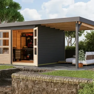 Bestseller Tuinhuis Baraya 6 19 mm terragrijs incl. 2,4 m aanbouwdak