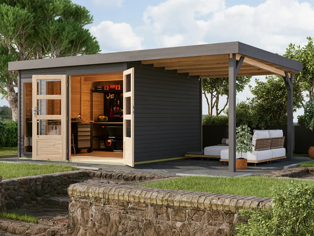 Bestseller Tuinhuis Baraya 6 19 mm terragrijs incl. 2,4 m aanbouwdak