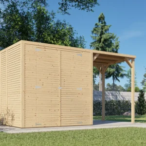 Hoge Kwaliteit Tuinberging Fiete 2 met aanbouwdak, rhombusprofiel 18 mm, naturel Bikebox