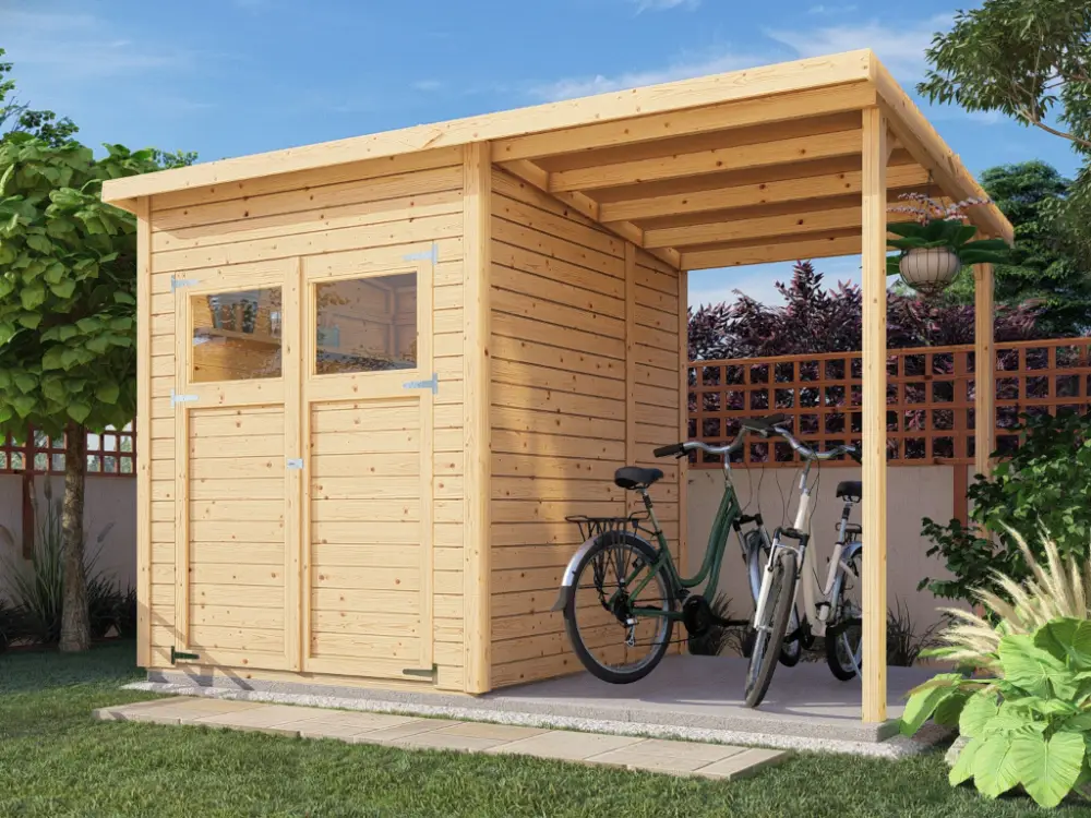 Tuinhuis "Marksburg 2" met aanbouw 14 mm naturel Speciale Aanbieding