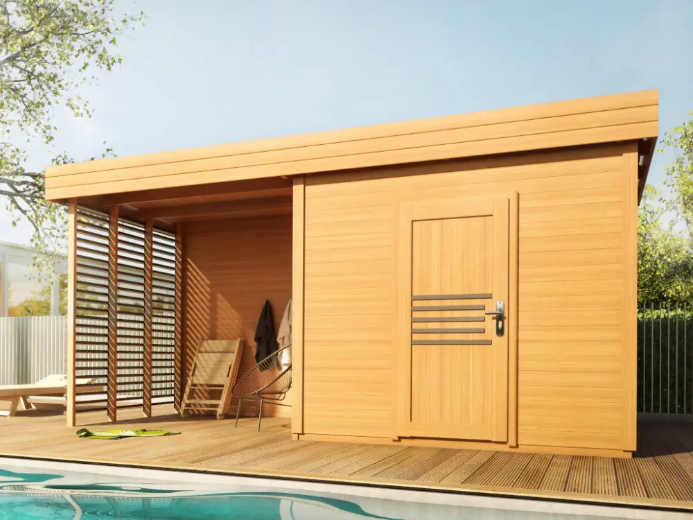 Tuinhuis Livo 1 28 mm onbehandeld met264 cm aanbouw Uitverkoop