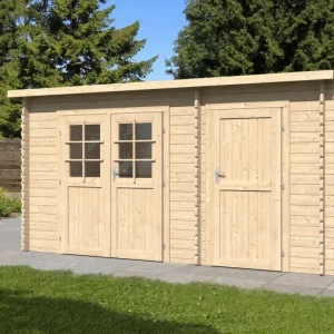 Beperkte Voorraad Tuinhuis blokhut "Aster 2 C" 28 mm lessenaarsdak met twee ruimtes