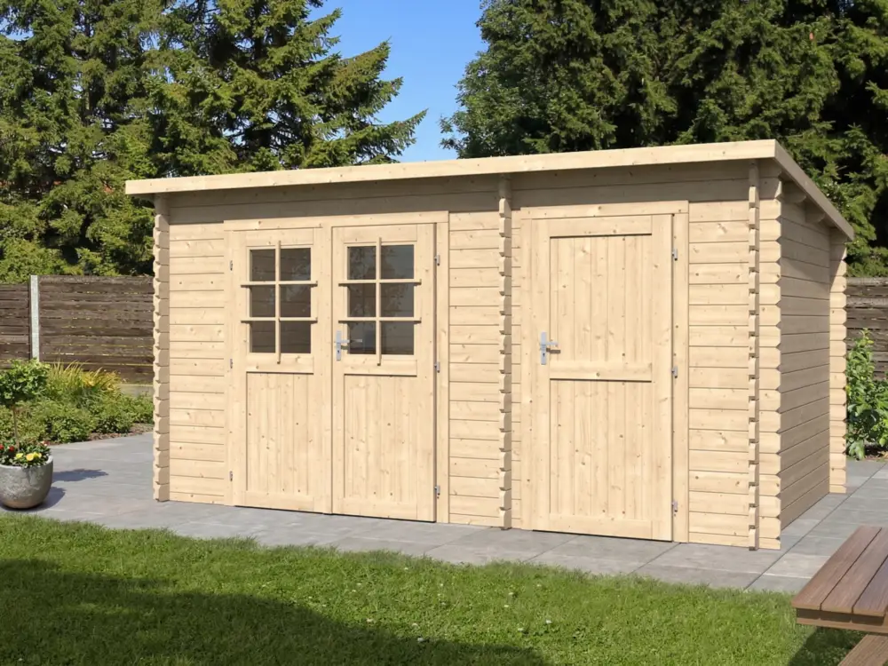 Beperkte Voorraad Tuinhuis blokhut "Aster 2 C" 28 mm lessenaarsdak met twee ruimtes