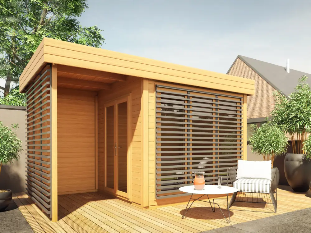 Merkproduct Tuinhuis Homeoffice Ivar 28 mm naturel met 164 cm aanbouw